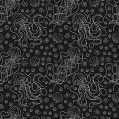 Seamless pattern on a marine theme with  jellyfishes and shells, light contour  images on a dark  background