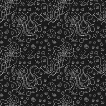 Seamless pattern on a marine theme with  jellyfishes and shells, light contour  images on a dark  background