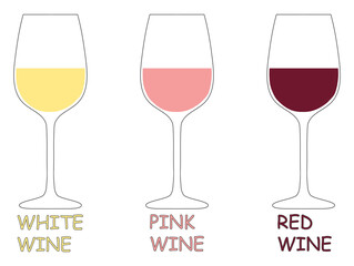 A glass of wine. Three glasses of wine, white, pink and red. Vector, cartoon illustration of a glass of wine Isolated on a white background.
