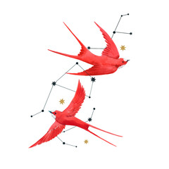 Beautiful vector composition with two watercolor red swallow birds and stars. Stock illustration.