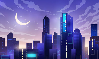 Night neon city, vector background. Big modern city background with skyscrapers.
