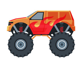 Obraz premium Monster Truck Vehicle, Red Jeep Car with Big Wheels, Heavy Professional Transport Vector Illustration