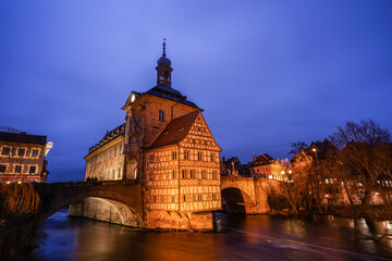 The townhall of Bamberg, Bavaria in the evening located in Germany