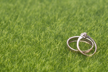 A pair of wedding/engagement ring isolated over green grass