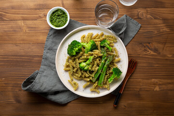 Whole grain pasta with broccoli and asparagus
