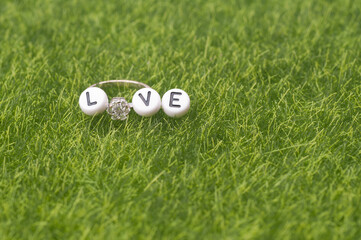 A single female wedding ring with the word love isolated over green