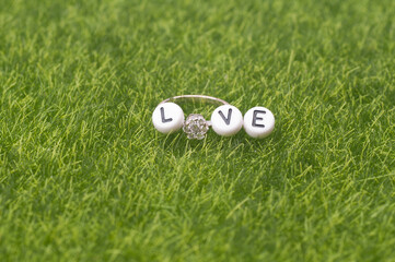 A single female wedding ring with the word love isolated over green