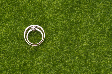 A pair of wedding/engagement ring isolated over green grass