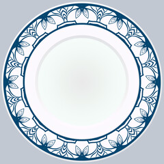 Decorative plate with round ornament in ethnic style. Fashion background with ornate dish. Vector illustration.