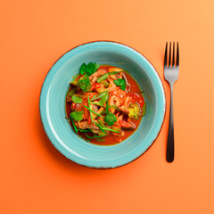 Meat salad with vegetable and fresh greenery served in a bowl isolated on bright orange background.