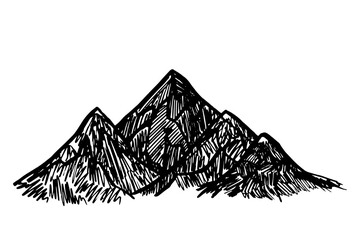 Set Black grunge mountains in different styles. Vector illustration of mountain ranges. Black ink drawing of mountains