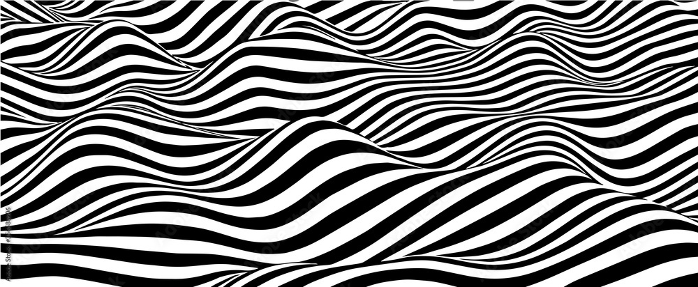 Poster black and white abstract wave. optical illusion. twisted vector illustration.