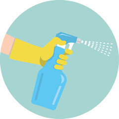 A gloved hand holds a bottle of detergent. Professional cleaning and disinfectant treatment for the prevention of coronavirus. Flat infographics. Vector illustration.