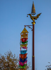  Buddhist symbols and flag inside Wat Phnom, Phnom Penh, Cambodia