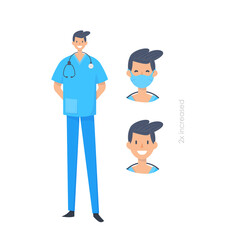 Doctors without mask and in mask. Medical workers on a white. Hospital staff. Vector illustration in a flat style. Trendy people.