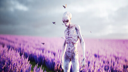 Alien with butterflies in lavender field. concept of UFO. 3d rendering. - obrazy, fototapety, plakaty