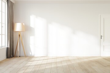 Blank white wall with a light from the window. Room mock up with a white wall, wooden floor lamp, white door and wooden floor. 3D illustration.