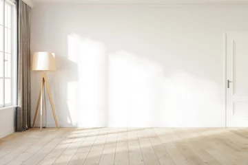 Fototapeten Blank white wall with a light from the window. Room mock up with a white wall, wooden floor lamp, white door and wooden floor. 3D illustration. © Washdog