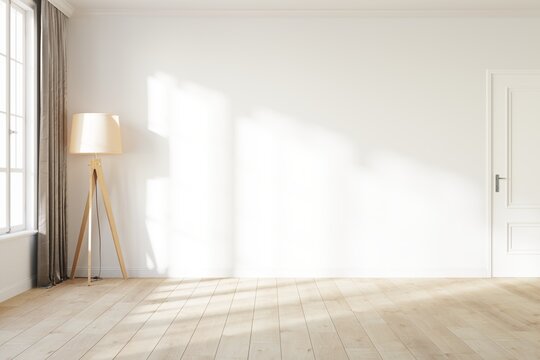 Blank white wall with a light from the window. Room mock up with a white wall, wooden floor lamp, white door and wooden floor. 3D illustration.