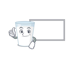 Glass of milk cartoon design with Thumbs up finger bring a white board