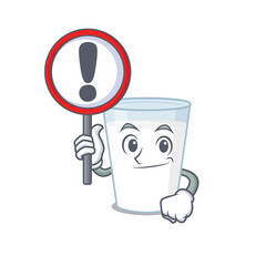 A cartoon icon of glass of milk with a exclamation sign board