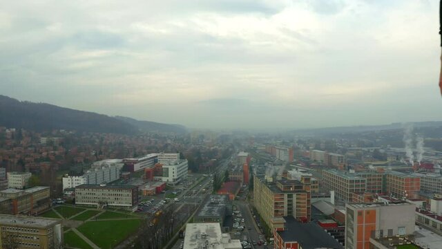 Man On Bata's Skyscraper Rooftop Looking Out Over City, Czech Republic