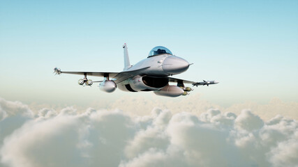 Jet, fighter flying over clouds . War and weapon concept. 3d rendering.