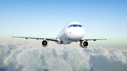 Fototapeta na wymiar Passenger airbus flying in the clouds. Travel concept. 3d rendering.