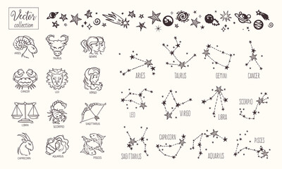 Zodiac signs. Vector Hand Drawn. Collection zodiacal animals illustration. Constellations. Aries, Taurus, Leo, Gemini, Virgo, Scorpio, Libra, Aquarius, Sagittarius, Pisces, Capricorn, Cancer. - obrazy, fototapety, plakaty