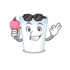 A cartoon drawing of glass of milk holding cone ice cream