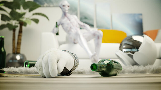 Funny alien with beer sit on sofa. Relax. Alien concept. 3d rendering.
