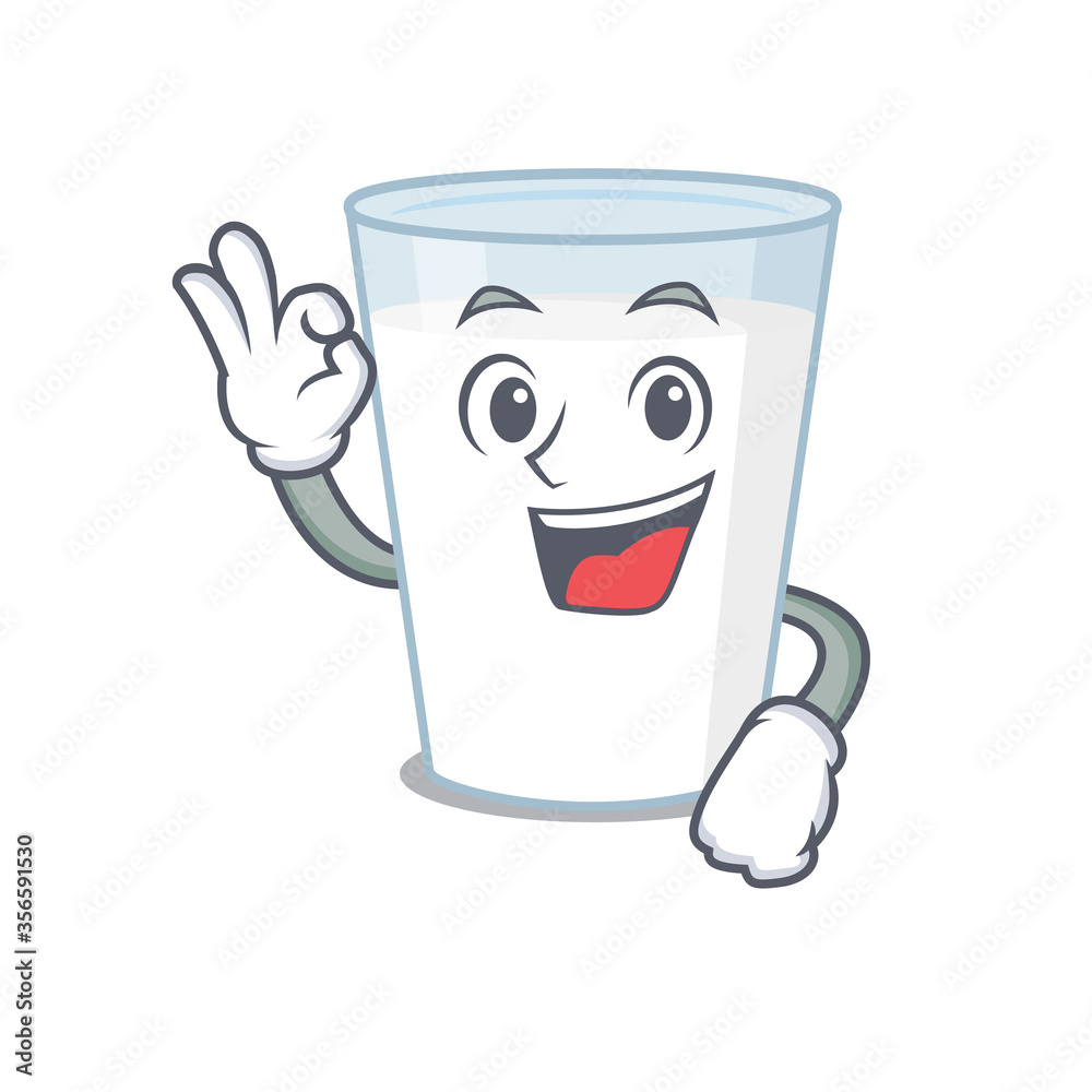 Poster Glass of milk mascot design style showing Okay gesture finger