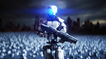 military robot and skulls of people. Dramatic apocalypse super realistic concept. Rise of the Machines. Dark future. 3d rendering.