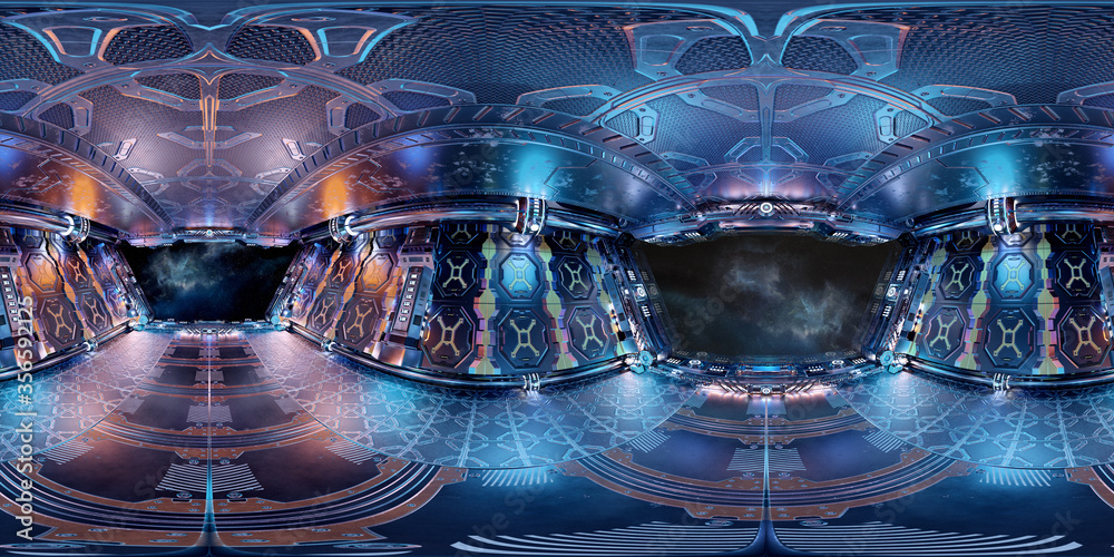 Poster high resolution hdri panoramic view of a spaceship interior. 360 panorama reflection mapping of a fu