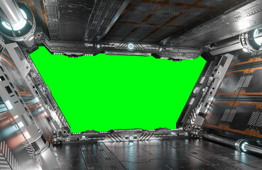 White and silver futuristic spaceship interior with green window 3d rendering © sdecoret