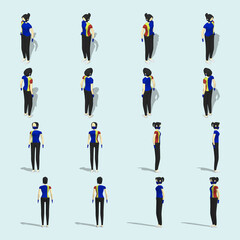 Vector illustration collection of a salesgirl character, wearing mask and hand gloves, in 16 different collection. Including isometric and front view perspective. 