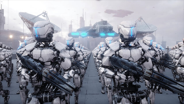 invasion of military robots. Dramatic apocalypse super realistic concept. Future. 3d rendering.