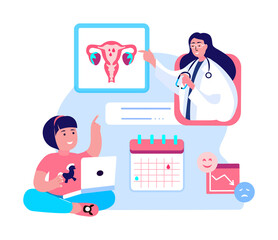 Gynecologist Doctor Consultate Girl.Puberty Maturation.Online Sex Education.Female Diagnostic.Uterus,Ovaries Organs.Internet Online Calendar Cycle.Menstruation Periods Marking.Flat Vector Illustration