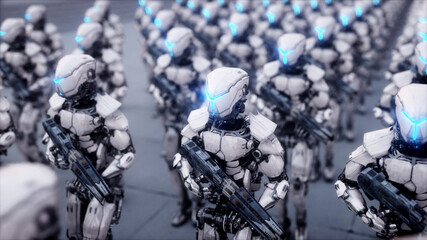 invasion of military robots. Dramatic apocalypse super realistic concept. Future. 3d rendering.