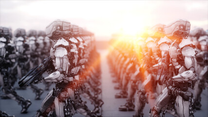 invasion of military robots. Dramatic apocalypse super realistic concept. Future. 3d rendering.