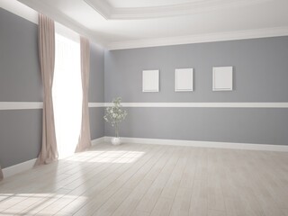 Fototapeta na wymiar modern empty room with plant in white pot and white frames on gray wall interior design. 3D illustration