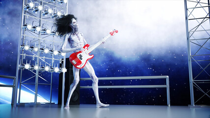 Alien rock party on space ship. Concert. Guitar, bass and drum play. Earth background. Alien funny concept. 3d rendering.