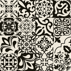 Seamless patchwork tile with Islam, Arabic, Indian, Ottoman motifs. Majolica pottery tile. Portuguese and Spain decor. Ceramic tile in talavera style. Vector illustration