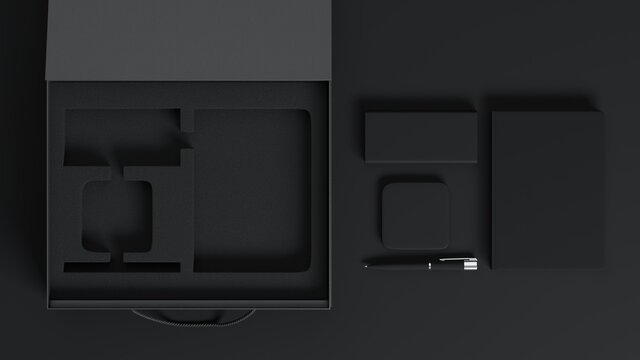 Business accessories and a box with a lodgment for them. 3d illustration
