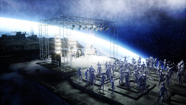 Alien rock party on space ship. Concert. Guitar, bass and drum play. Earth background. Alien funny concept. 3d rendering.