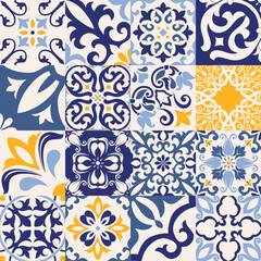 Set of 16 tiles Azulejos in blue, gray, yellow. Original traditional Portuguese and Spain decor. Seamless patchwork tile with Victorian motives. Ceramic tile in talavera style. Gaudi mosaic. Vector