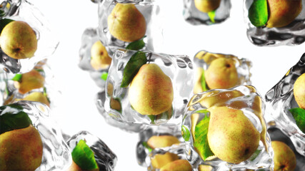 Fototapeta na wymiar Pear in ice cubes. Food and broadcast concept. Realistic ice materials. 3d rendering.