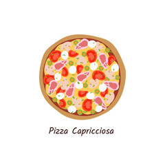 Pizza Capricciosa top view with ingredients. Italian tasty pizza with ham, mushrooms, olives, tomatoes and cheese. Flat style isolated on white background. Vector