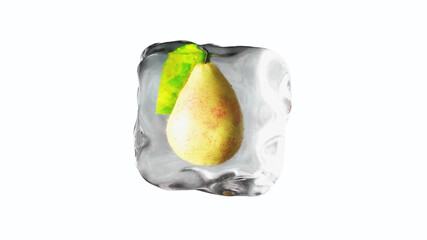 Pear in ice cubes. Food and broadcast concept. Realistic ice materials. 3d rendering.