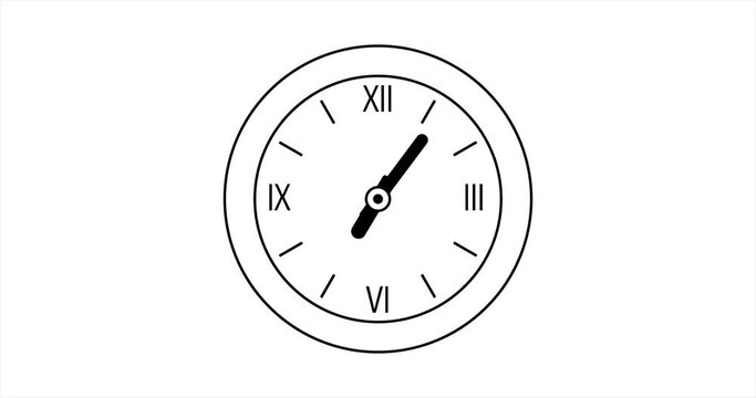 Animation of rotation outline clock, seamless loop. Full 12-hour cycle in 6 seconds. Roman numerals. 4K vector video motion clip